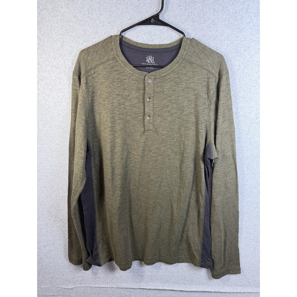 Rock & Republic Shirt Mens Large Green Long Sleeve Henley Tagless Casual Basic